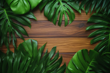 Top view of tropical leaves on wooden table for background. generative aiの素材