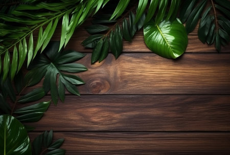 Top view of tropical leaves on wooden table for background. generative aiの素材