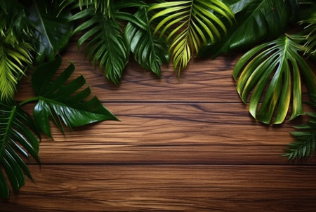 Top view of tropical leaves on wooden table for background. generative aiの素材