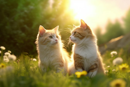 Two cute cats on green grass with blurred background of early morning sunの素材