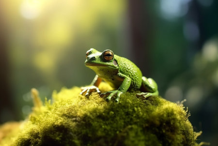 Green frog on a mossy rock with blurred background. generative aiの素材