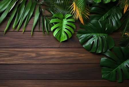 Top view of tropical leaves on wooden table for background. generative aiの素材