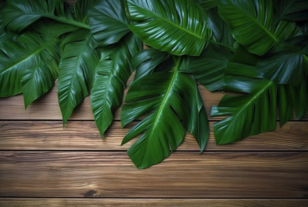 Top view of tropical leaves on wooden table for background. generative aiの素材