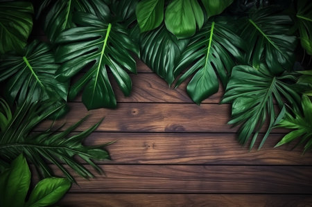 Top view of tropical leaves on wooden table for background. generative aiの素材