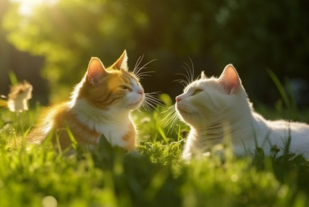 Two cute cats on green grass with blurred background of early morning sunの素材