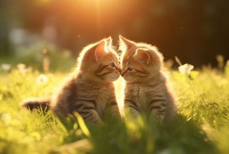 Two cute cats on green grass with blurred background of early morning sunの素材