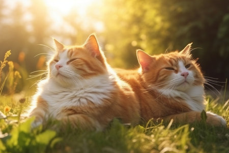 Two cute cats on green grass with blurred background of early morning sunの素材