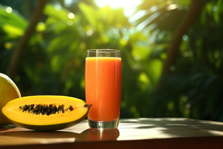 Glass of papaya juice with papaya fruit slices on wooden table with garden blurred background. generative aiの素材