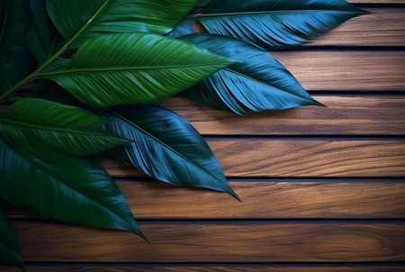 Top view of tropical leaves on wooden table for background. generative aiの素材