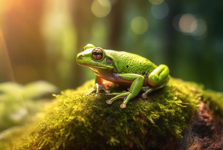 Green frog on a mossy rock with blurred background. generative aiの素材