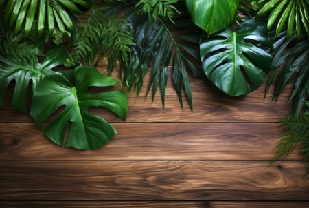 Top view of tropical leaves on wooden table for background. generative aiの素材