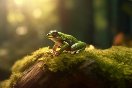 Green frog on a mossy rock with blurred background. generative aiの素材