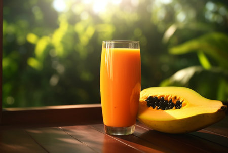 Glass of papaya juice with papaya fruit slices on wooden table with garden blurred background. generative aiの素材