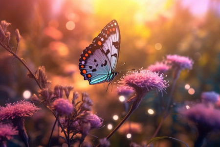 Beautiful butterfly flying over a flower on a blurred background and sunlight. generative aiの素材