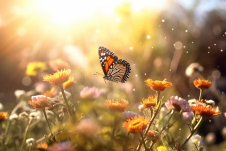 Beautiful butterfly flying over a flower on a blurred background and sunlight. generative aiの素材