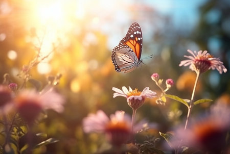 Beautiful butterfly flying over a flower on a blurred background and sunlight. generative aiの素材