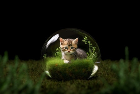 Cute cat in a glass ball isolated on black backgroundの素材