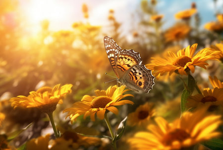Beautiful butterfly flying over a flower on a blurred background and sunlight. generative aiの素材