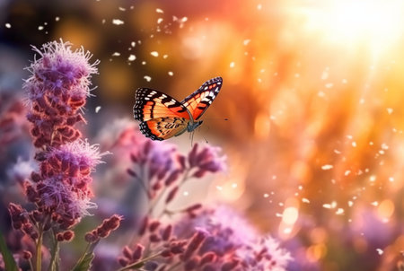 Beautiful butterfly flying over a flower on a blurred background and sunlight. generative aiの素材