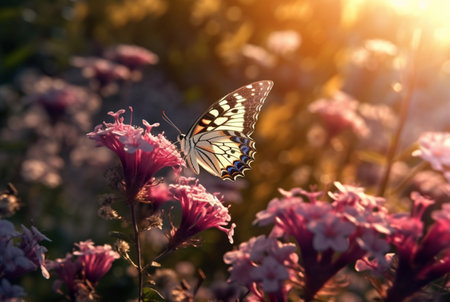 Beautiful butterfly flying over a flower on a blurred background and sunlight. generative aiの素材
