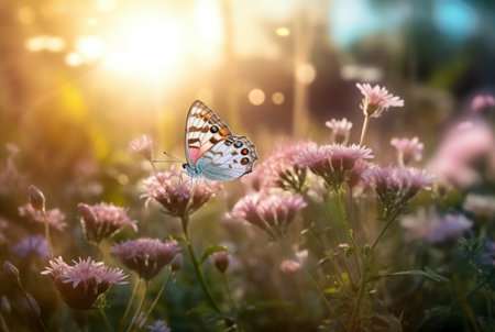 Beautiful butterfly flying over a flower on a blurred background and sunlight. generative aiの素材
