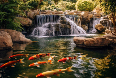 small waterfall stream with beautiful koi fish. generative aiの素材