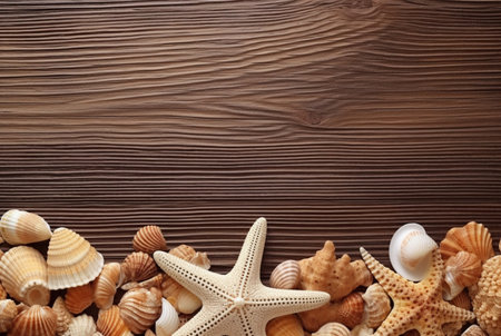 Top view of sea shells and starfish on wooden table for backgroundの素材