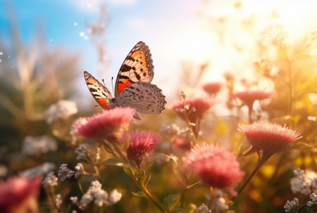 Beautiful butterfly flying over a flower on a blurred background and sunlight. generative aiの素材