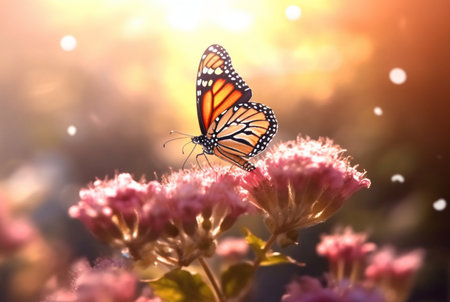 Beautiful butterfly flying over a flower on a blurred background and sunlight. generative aiの素材