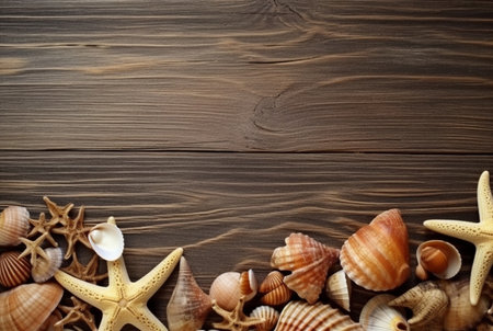 Top view of sea shells and starfish on wooden table for backgroundの素材