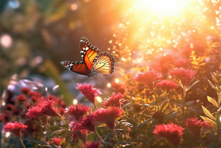 Beautiful butterfly flying over a flower on a blurred background and sunlight. generative aiの素材