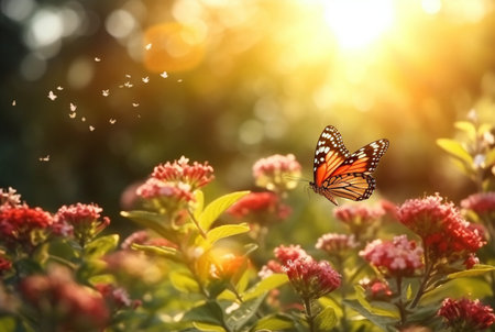 Beautiful butterfly flying over a flower on a blurred background and sunlight. generative aiの素材