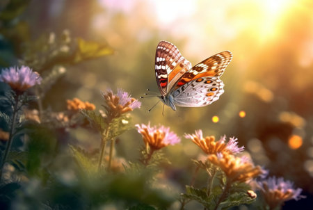 Beautiful butterfly flying over a flower on a blurred background and sunlight. generative aiの素材