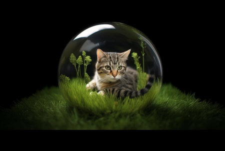 Cute cat in a glass ball isolated on black backgroundの素材