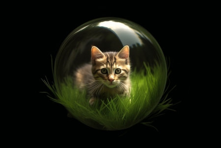 Cute cat in a glass ball isolated on black backgroundの素材