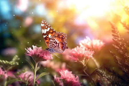 Beautiful butterfly flying over a flower on a blurred background and sunlight. generative aiの素材