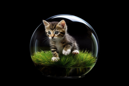 Cute cat in a glass ball isolated on black backgroundの素材