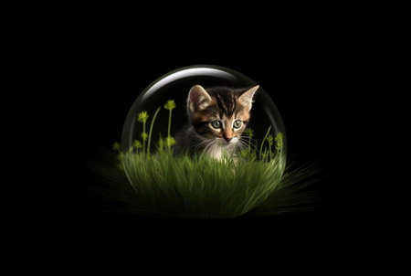 Cute cat in a glass ball isolated on black backgroundの素材