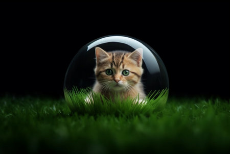 Cute cat in a glass ball isolated on black backgroundの素材