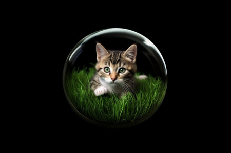 Cute cat in a glass ball isolated on black backgroundの素材