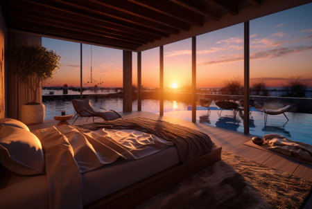 luxury bedroom with views of the pool and sunset in the evening. ai generativeの素材