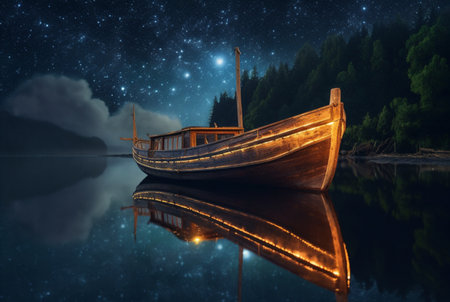 wooden boat on the river with the beauty of the night sky. ai generativeの素材