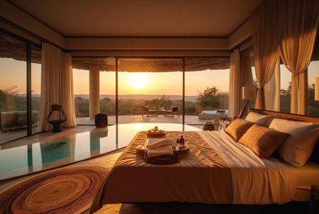 luxury bedroom with views of the pool and sunset in the evening. ai generativeの素材