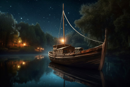 wooden boat on the river with the beauty of the night sky. ai generativeの素材