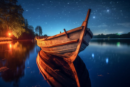 wooden boat on the river with the beauty of the night sky. ai generativeの素材