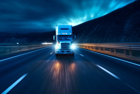 Truck driving on highway at night, blurred motion speed car lights. ai generativeの素材