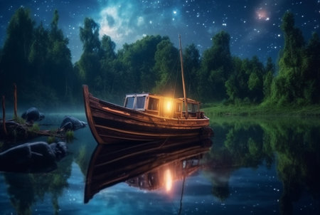wooden boat on the river with the beauty of the night sky. ai generativeの素材