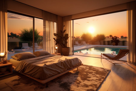 luxury bedroom with views of the pool and sunset in the evening. ai generativeの素材