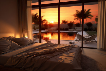 luxury bedroom with views of the pool and sunset in the evening. ai generativeの素材