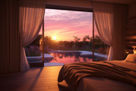 luxury bedroom with views of the pool and sunset in the evening. ai generativeの素材